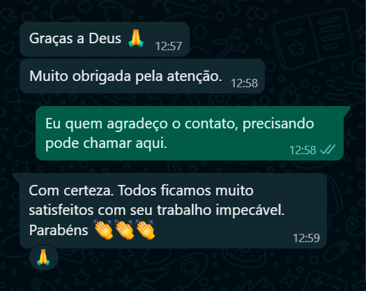 Print de conversa no WhatsApp — depoimento de cliente satisfeito